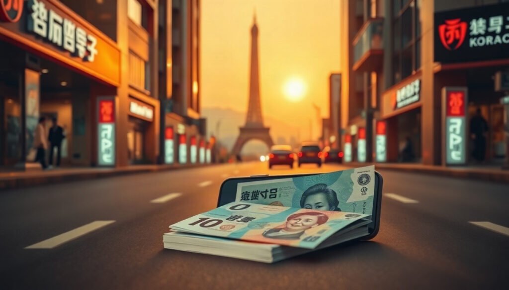 서울 유가지원금 - flat lay of Korean won banknotes, smartphone with mobile payment app, and car key on white desk, Seoul fuel subsidy concept, overhead view