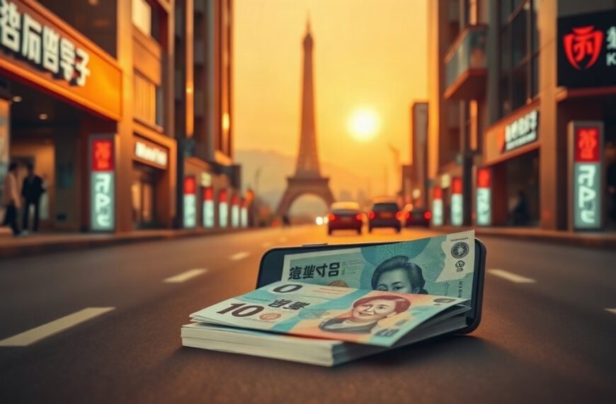 서울 유가지원금 - flat lay of Korean won banknotes, smartphone with mobile payment app, and car key on white desk, Seoul fuel subsidy concept, overhead view
