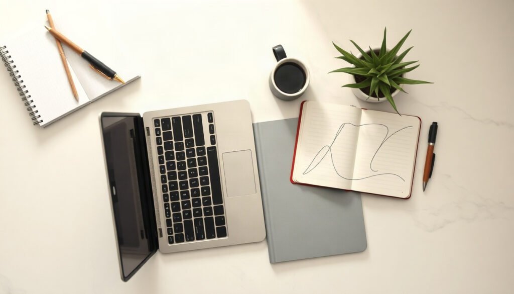 유튜브 채널 운영 - Korean man upper body shot with face visible, planning YouTube channel operation content calendar on laptop at home desk, natural hands