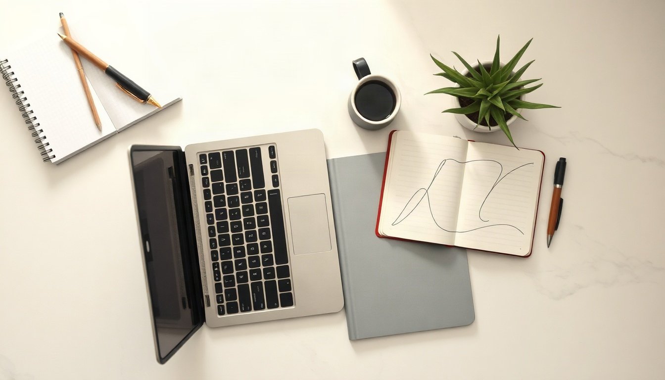 유튜브 채널 운영 - Korean man upper body shot with face visible, planning YouTube channel operation content calendar on laptop at home desk, natural hands
