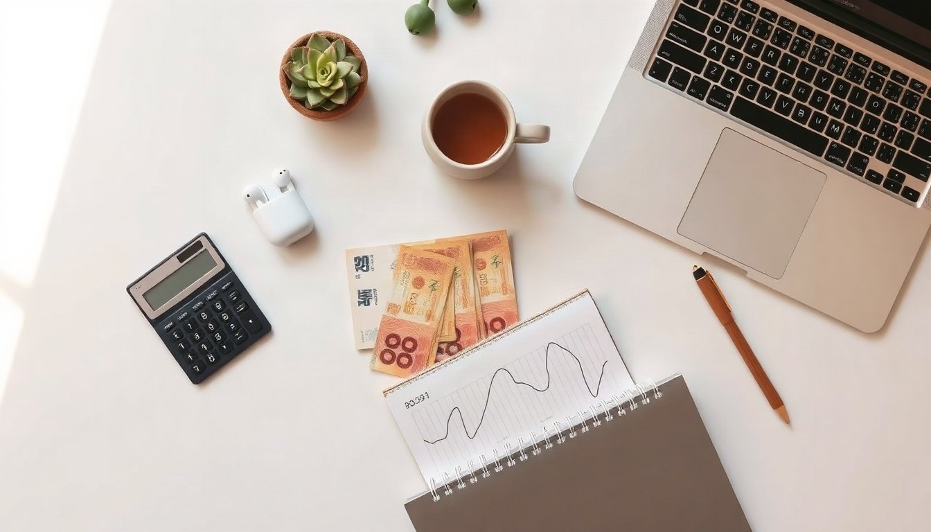 미래기금 청년계정에 - flat lay of Korean won banknotes, calculator and budget documents on white desk, future fund youth account budget concept
