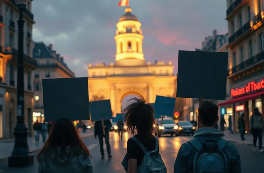프랑스를 덮친 - wide shot of a Paris street with students holding blank protest banners near a high school, France protest 2026 concept, documentary photo style