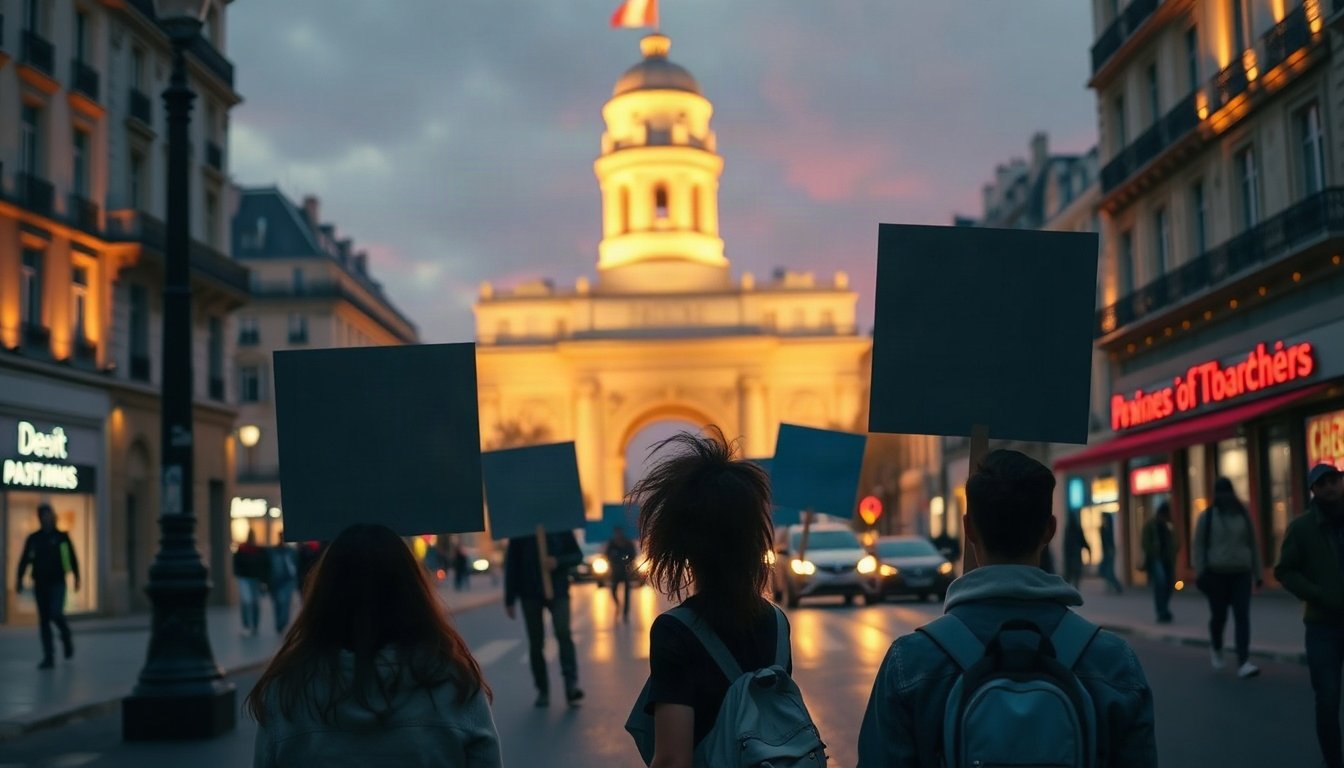프랑스를 덮친 - wide shot of a Paris street with students holding blank protest banners near a high school, France protest 2026 concept, documentary photo style