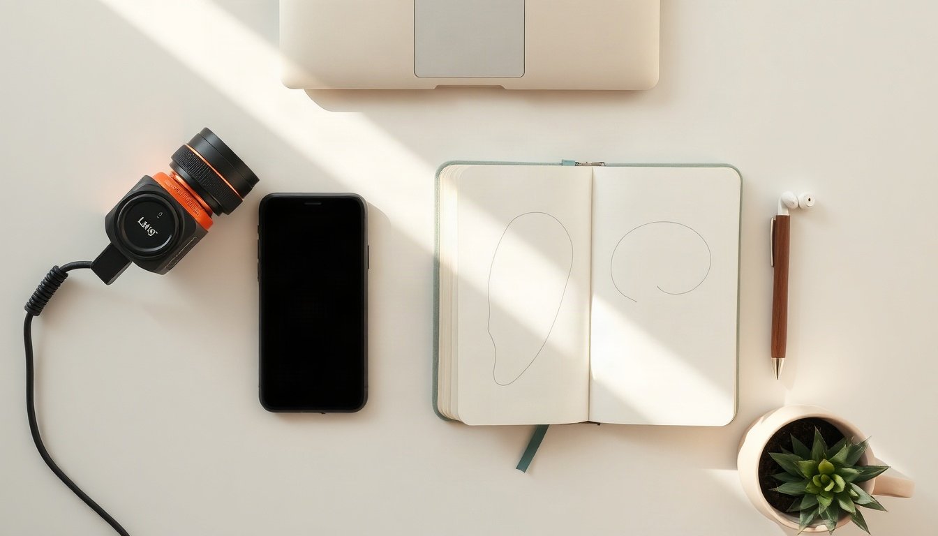 라이브 커머스 - overhead view flat lay of live commerce setup with smartphone, ring light, lavalier microphone, product boxes and handwritten script on wooden desk