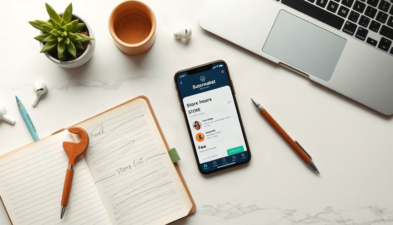 대형마트 휴무일 - flat lay of smartphone showing supermarket app store hours, shopping list and reusable bag on wooden table, hypermarket holiday check concept