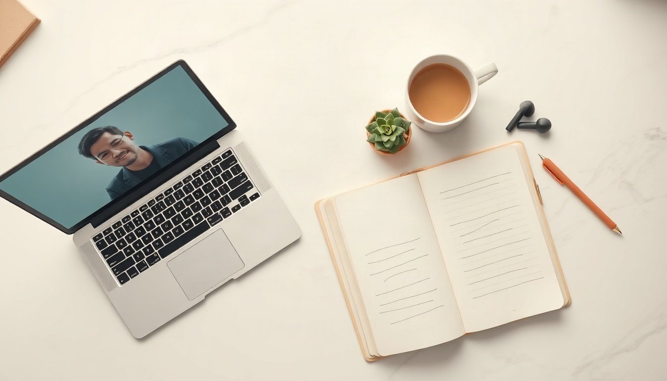 한양사이버대 커리어개발센터 - Korean career mentor and student upper body shot with face visible, online video mentoring session on laptop screen, career development center counseling, natural hands