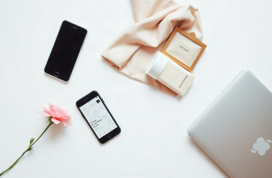 블로그 협찬 - flat lay of laptop, smartphone and sponsored beauty products on white desk, blog sponsorship concept