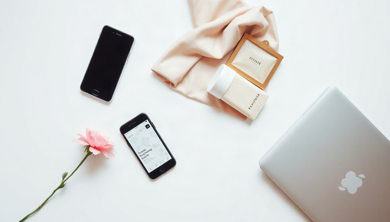 블로그 협찬 - flat lay of laptop, smartphone and sponsored beauty products on white desk, blog sponsorship concept