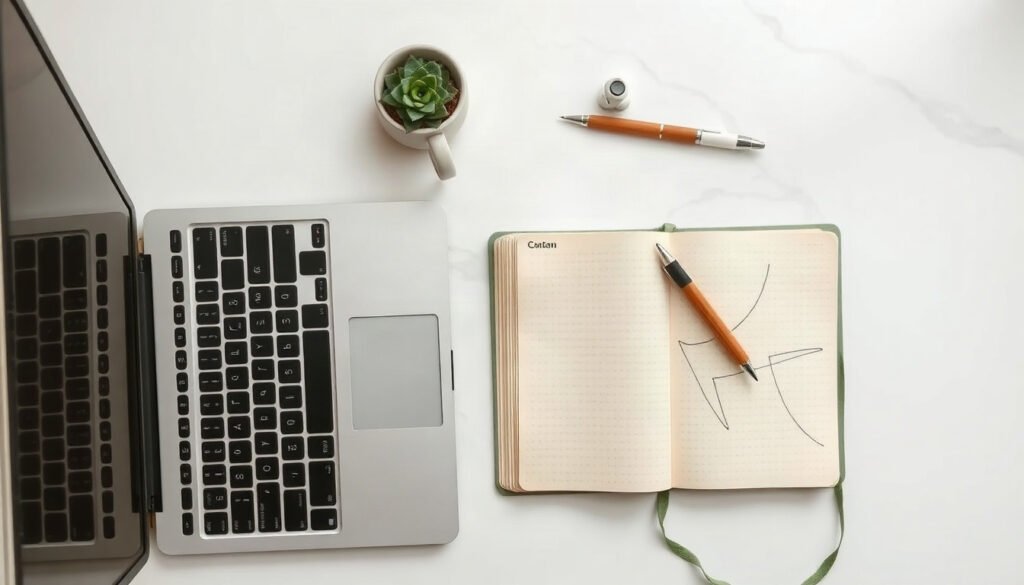 프롬프트 엔지니어링 - Korean office worker upper body shot with face visible, writing prompt engineering instructions on laptop at bright desk, natural hands