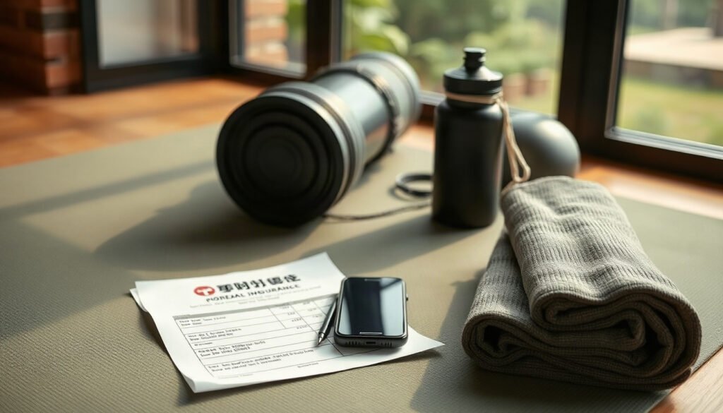 건강보험료 - flat lay of Korean health insurance premium bill, calculator and smartphone on white desk, overhead view