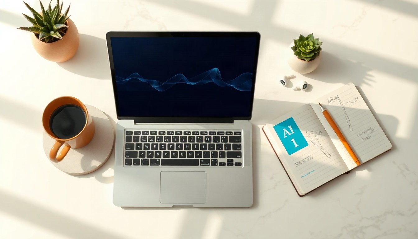 충남청년센터 청년 - flat lay of laptop showing AI chatbot screen, notebook with AI education checklist and coffee on wooden desk, Chungnam youth practical AI learning concept