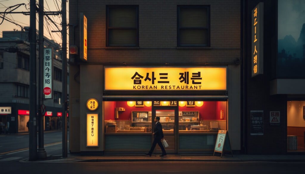 도쿄 한식당도 - closed small Korean restaurant storefront on a quiet Tokyo street at dusk, Tokyo Korean restaurant closing due to Japan business manager visa change, no people