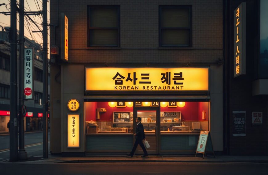 도쿄 한식당도 - closed small Korean restaurant storefront on a quiet Tokyo street at dusk, Tokyo Korean restaurant closing due to Japan business manager visa change, no people