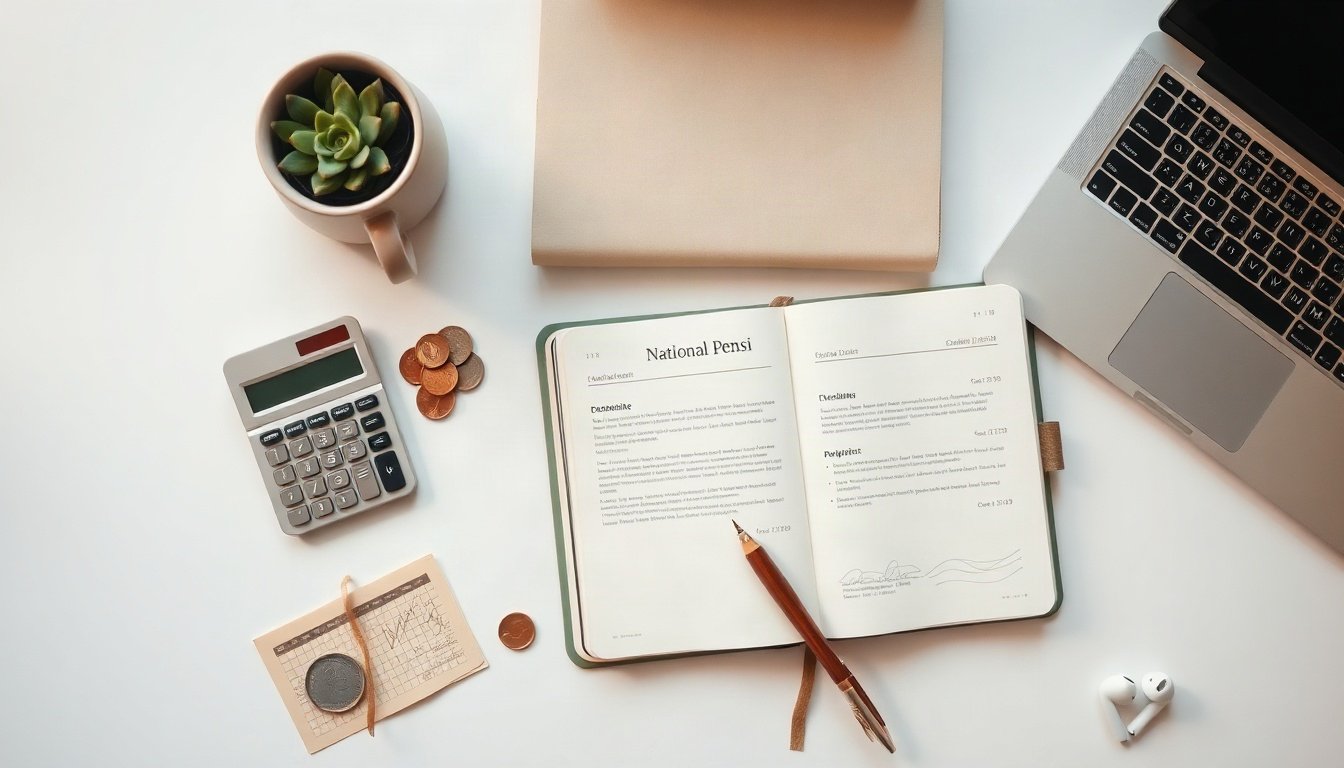 국민연금 저소득 - flat lay of calculator, coins and pension document on white desk, national pension low income contribution support concept