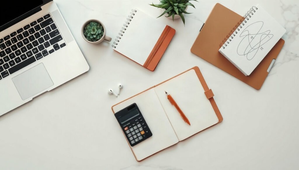 중소기업 지원 - flat lay of business documents, calculator and laptop on office desk, small business support application concept
