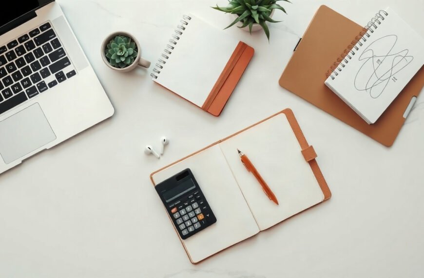 중소기업 지원 - flat lay of business documents, calculator and laptop on office desk, small business support application concept