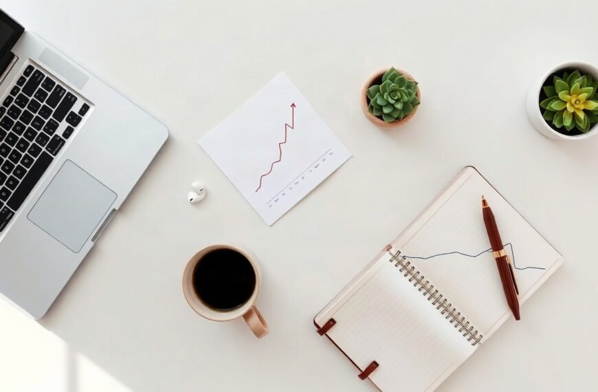 블로그 방문자 늘리기 - flat lay of laptop showing blog traffic analytics dashboard with rising line chart, increase blog visitors concept, notebook and coffee on white desk