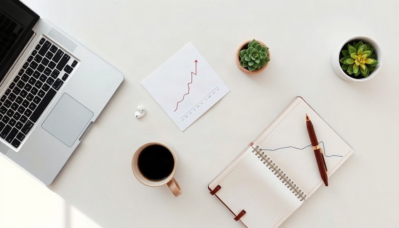 블로그 방문자 늘리기 - flat lay of laptop showing blog traffic analytics dashboard with rising line chart, increase blog visitors concept, notebook and coffee on white desk