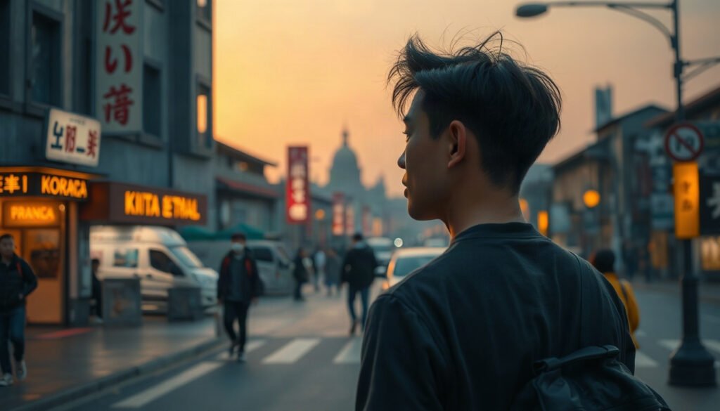 김준환의 교육 - Korean young man upper body shot with face visible, looking at a small city skyline at sunset, regional youth education and settlement concept for Kim Jun-hwan education column