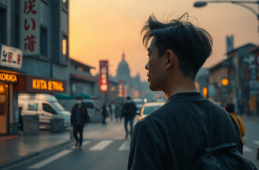 김준환의 교육 - Korean young man upper body shot with face visible, looking at a small city skyline at sunset, regional youth education and settlement concept for Kim Jun-hwan education column