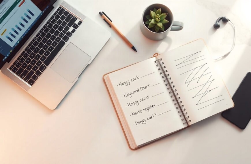 SEO 최적화 방법 - flat lay of laptop showing keyword research chart and notebook on white desk, SEO optimization method concept