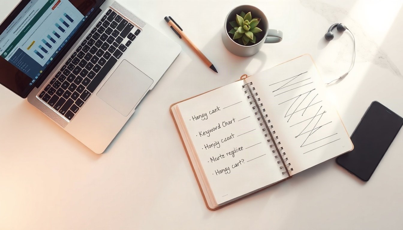 SEO 최적화 방법 - flat lay of laptop showing keyword research chart and notebook on white desk, SEO optimization method concept