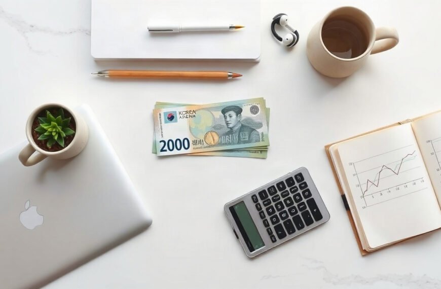 금리 전망 - flat lay of Korean won banknotes, calculator and rising line chart on white desk, interest rate outlook 2026 concept
