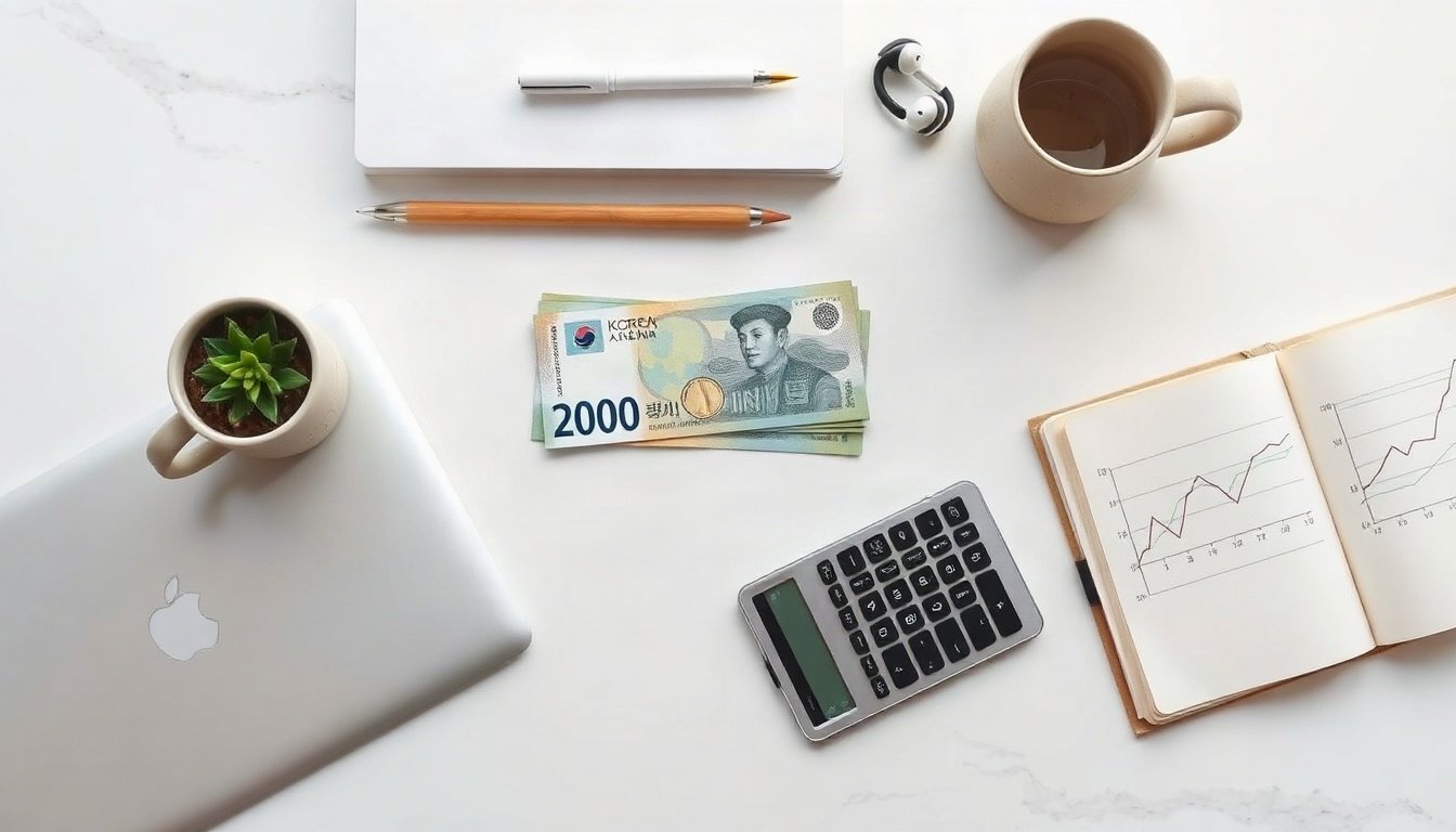 금리 전망 - flat lay of Korean won banknotes, calculator and rising line chart on white desk, interest rate outlook 2026 concept
