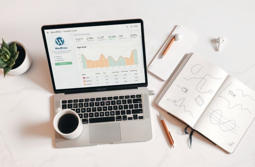 워드프레스 SEO - flat lay of laptop showing WordPress SEO dashboard with page speed score chart on white desk, overhead view