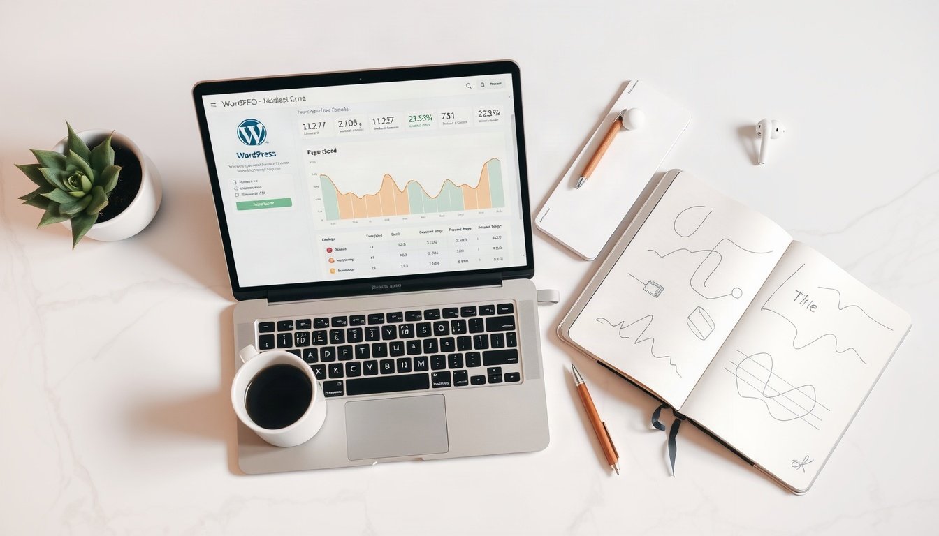 워드프레스 SEO - flat lay of laptop showing WordPress SEO dashboard with page speed score chart on white desk, overhead view