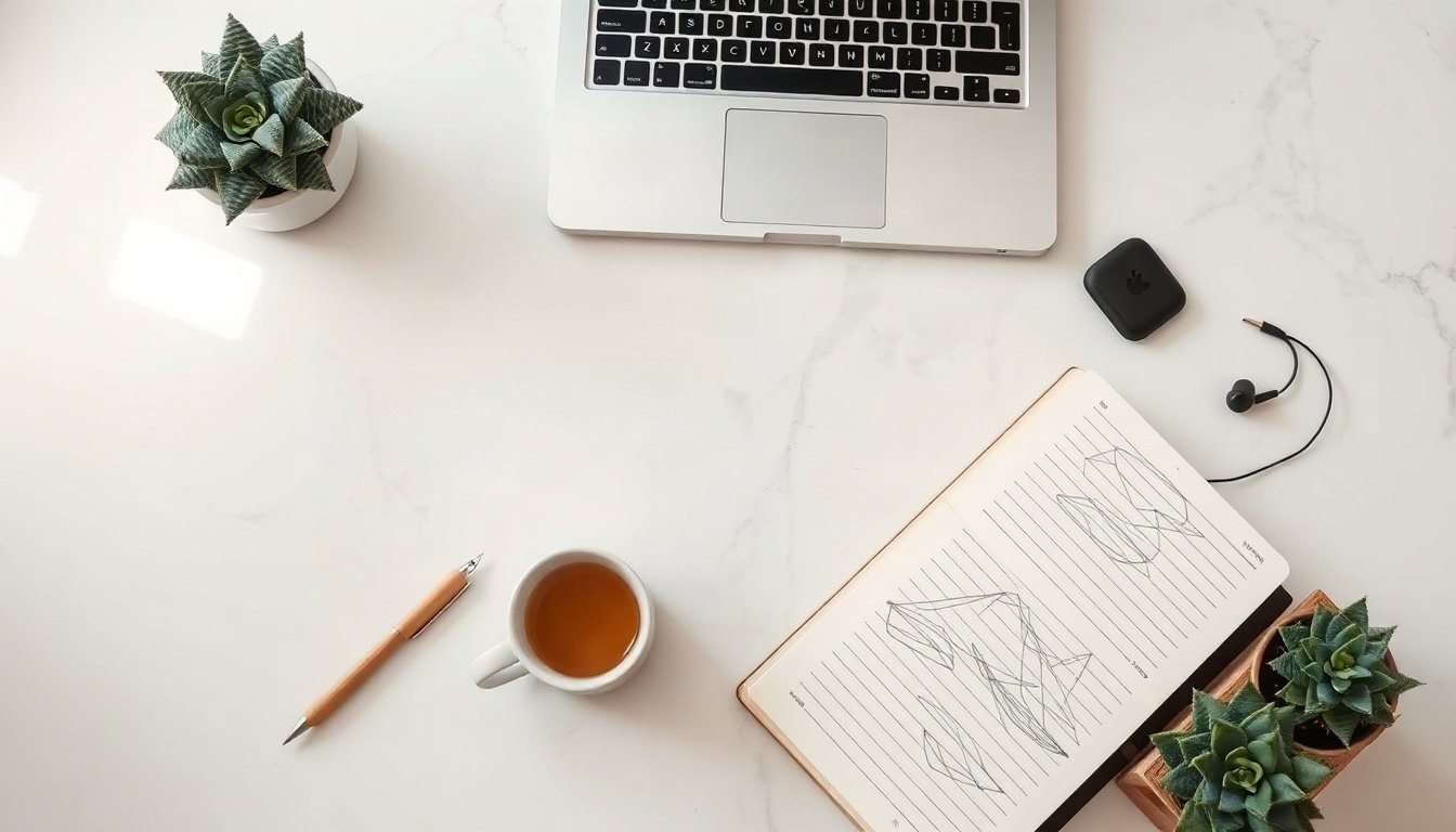 유튜브 채널 운영 - flat lay of laptop showing YouTube channel operation analytics dashboard with charts, notebook and coffee on white desk, overhead view