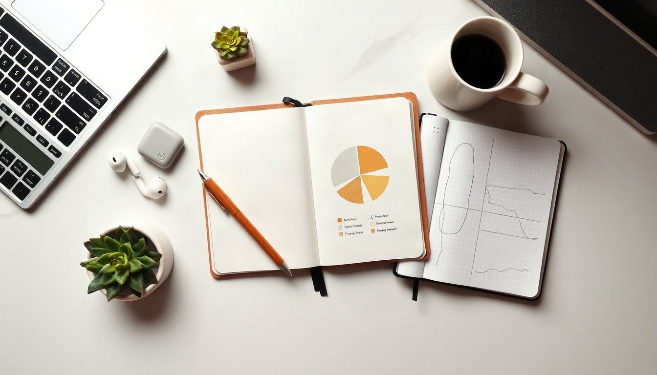 금 투자 - overhead view of notebook with gold investment portfolio pie chart, calculator and small gold bar on white desk