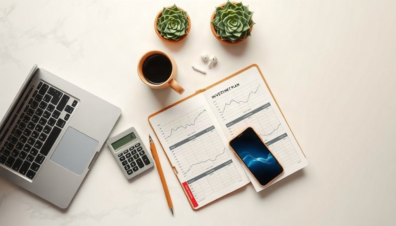 코인 투자 - flat lay of notebook with coin investment plan, calculator and smartphone showing price chart on white desk, overhead view