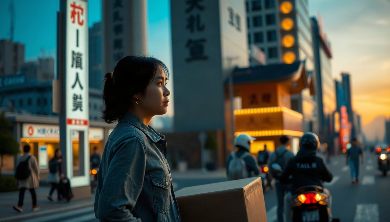 삼성 금융 - young Korean delivery rider upper body shot with face visible, standing next to electric scooter in city street, Samsung finance microloan concept, natural hands