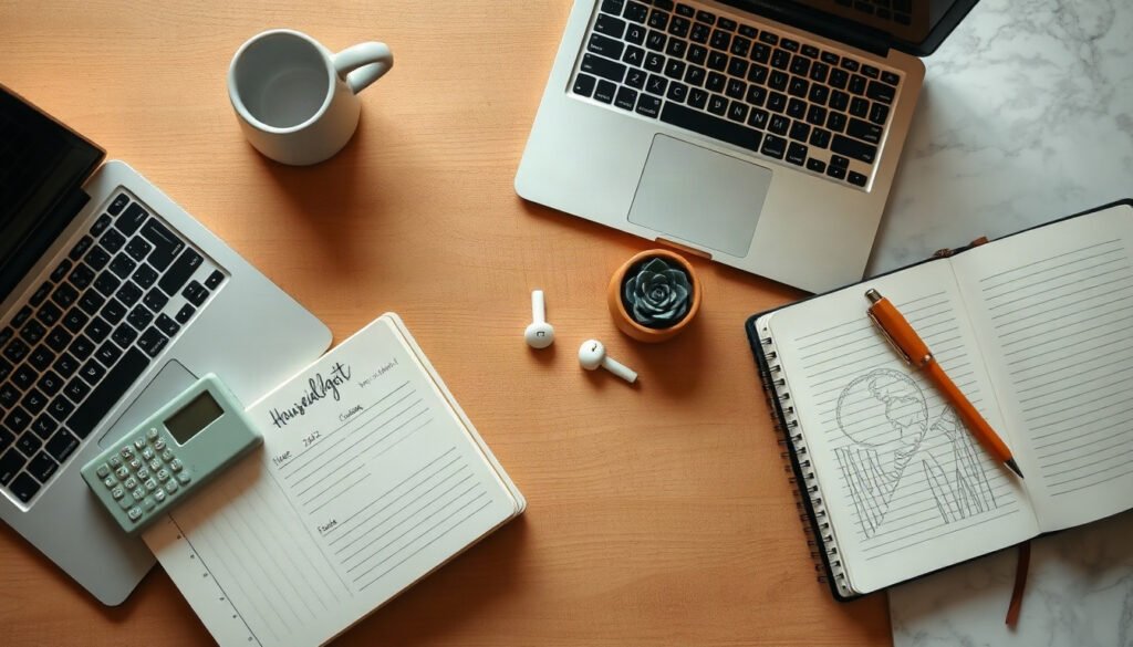 돌봄 제공자 - flat lay of household budget notebook, calculator and pill organizer on wooden table, family caregiver financial planning concept