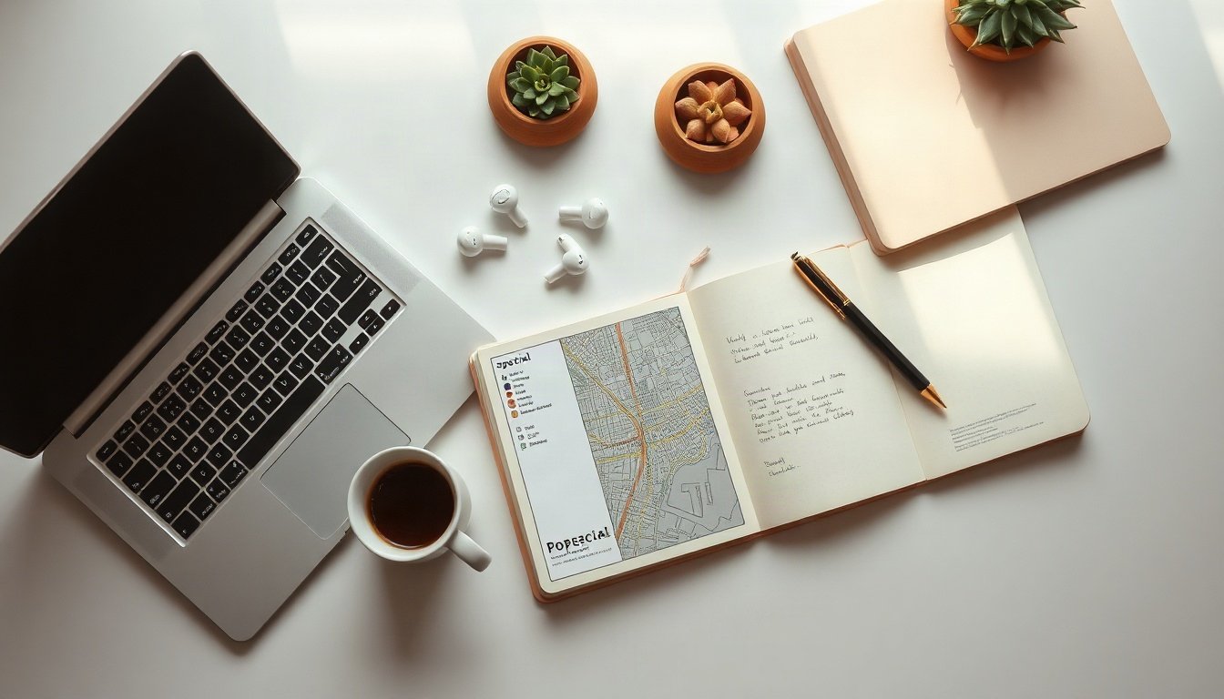 특집 포항 - overhead view of special Pohang downtown map with stamp tour card, pen and coffee cup on wooden table, flat lay