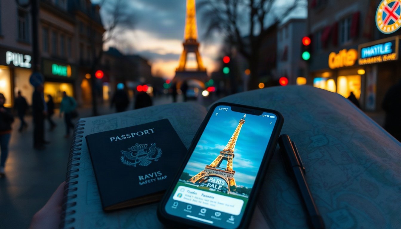 프랑스를 덮친 - flat lay of passport, smartphone with travel safety app, Paris map and notebook on wooden desk, France protest travel safety checklist concept