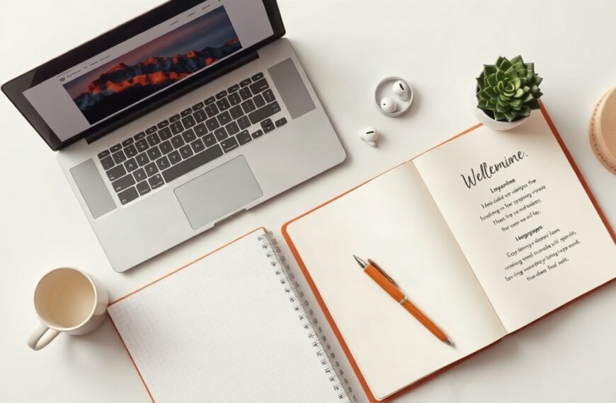 홈페이지 제작 - flat lay of laptop showing website builder dashboard and notebook with homepage creation checklist on white desk, AI search optimization concept