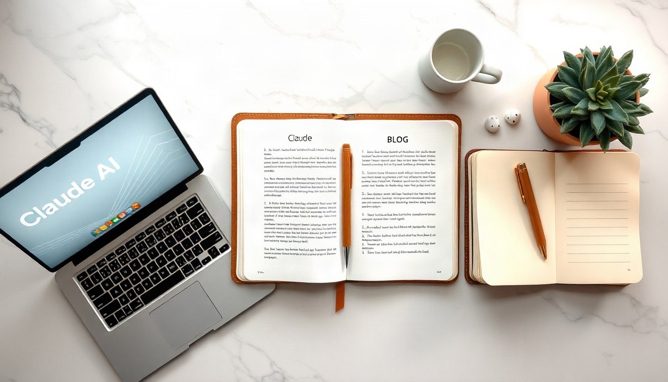 클로드 AI - flat lay overhead view of laptop showing Claude AI interface, notebook with blog outline, coffee cup on white desk, AI productivity concept
