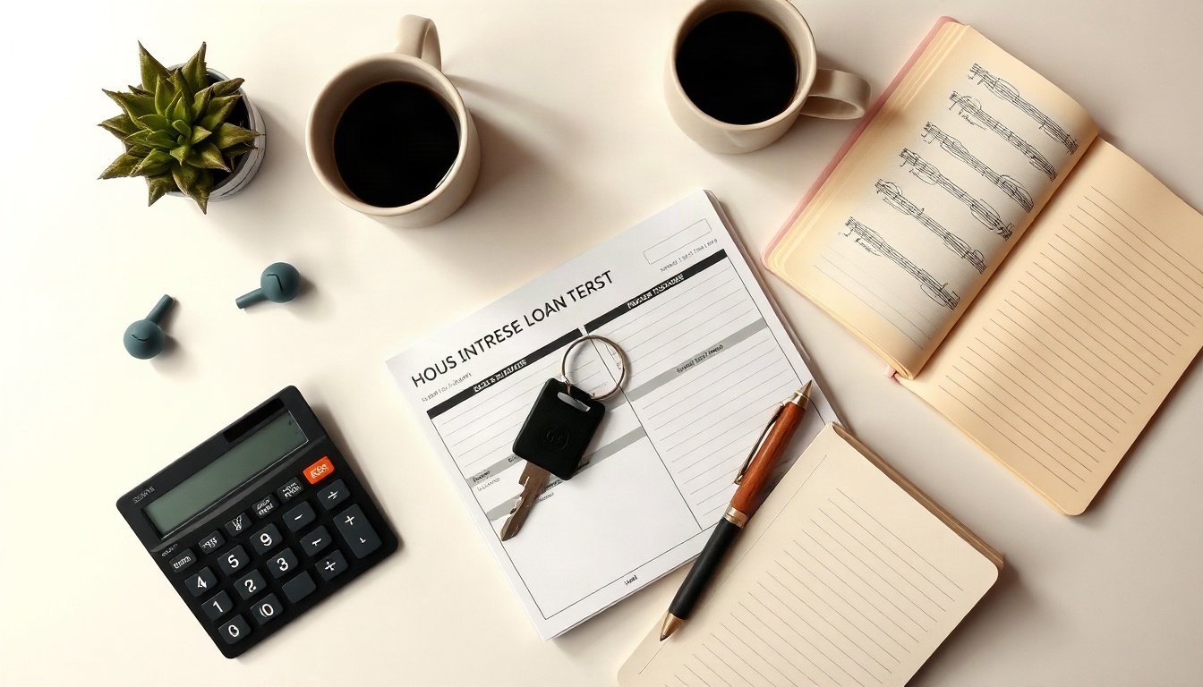 패트롤 구리시 - flat lay of calculator, house key and loan interest documents on white desk, Guri newlywed jeonse loan interest support concept