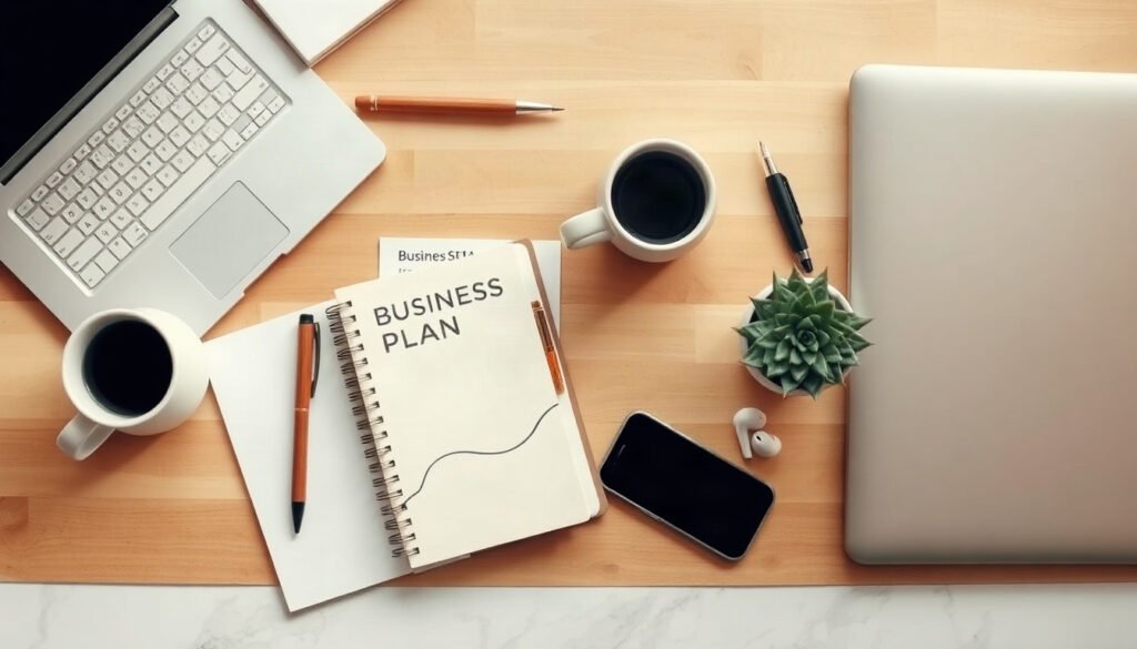 서경란의 중소기업 - flat lay of business plan documents, calculator and laptop on wooden desk, technology guarantee fund loan for small business concept, overhead view