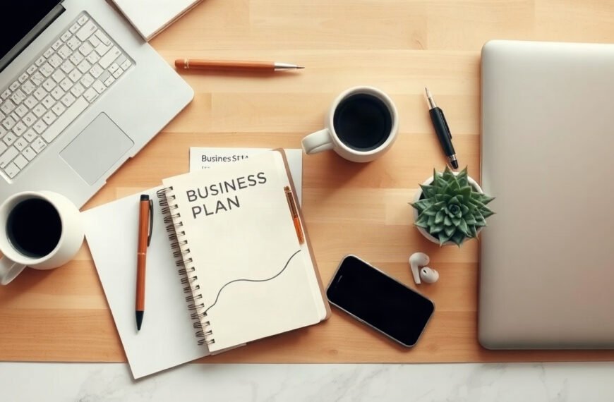 서경란의 중소기업 - flat lay of business plan documents, calculator and laptop on wooden desk, technology guarantee fund loan for small business concept, overhead view