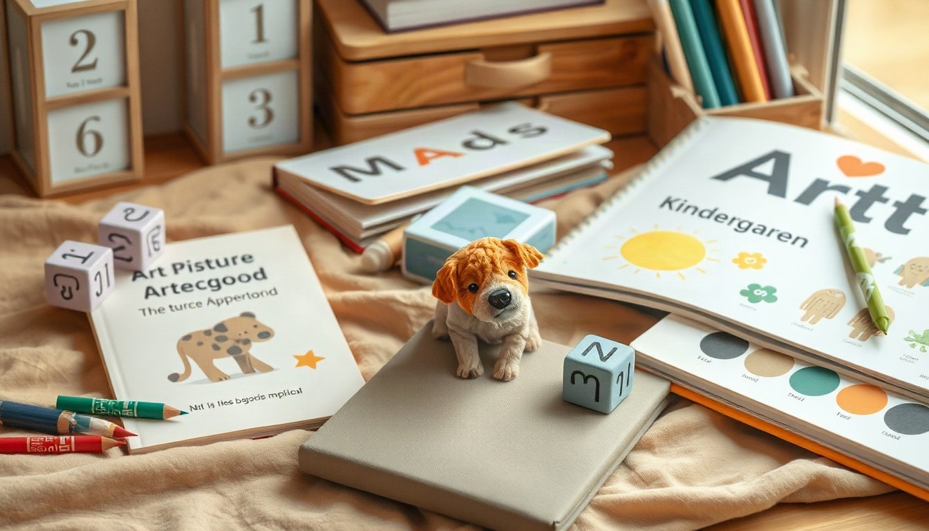 패트롤 경북도 - flat lay of kindergarten art supplies, picture books and educational blocks on wooden table, Gyeongbuk after-school program budget concept, overhead view