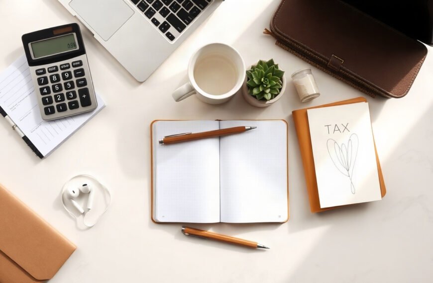 절세 방법 - flat lay of tax saving methods concept, calculator, receipts, laptop showing simple bookkeeping spreadsheet on white desk, overhead view
