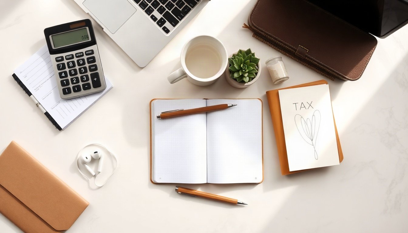 절세 방법 - flat lay of tax saving methods concept, calculator, receipts, laptop showing simple bookkeeping spreadsheet on white desk, overhead view