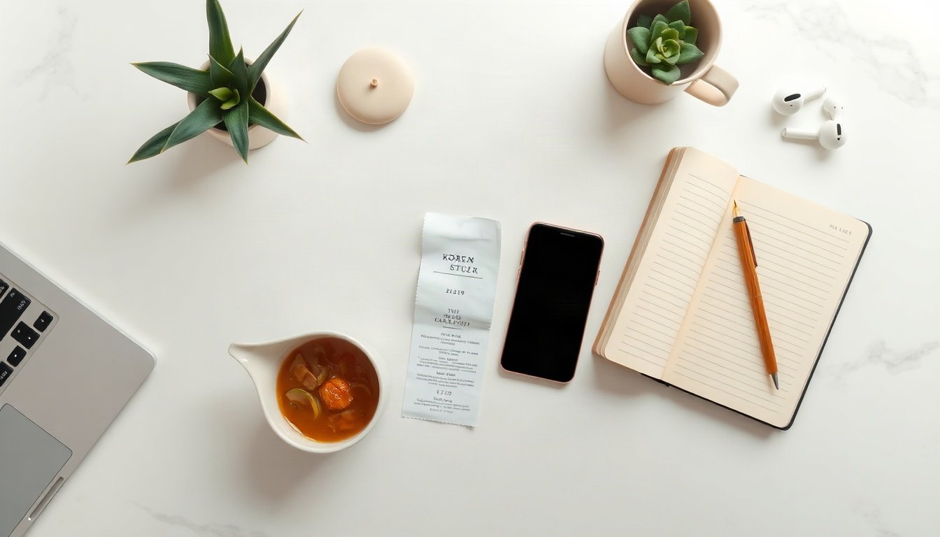 서산시 외식 - overhead view flat lay of a Korean lunch set, restaurant receipt and smartphone payment screen on wooden table, Seosan dining 20 percent refund concept