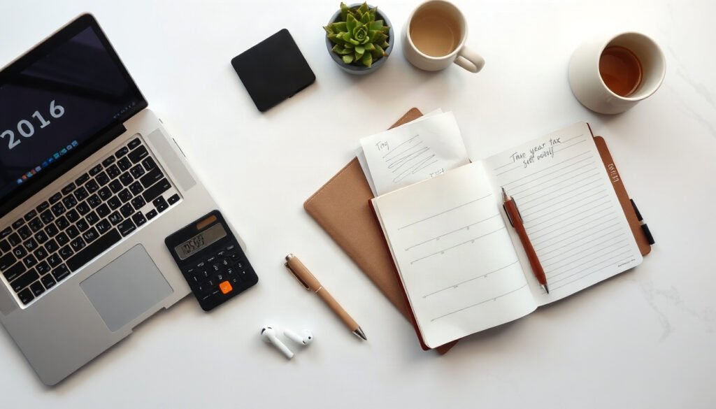 연말정산 - flat lay of receipts, calculator and calendar on white desk, year end tax settlement preparation concept