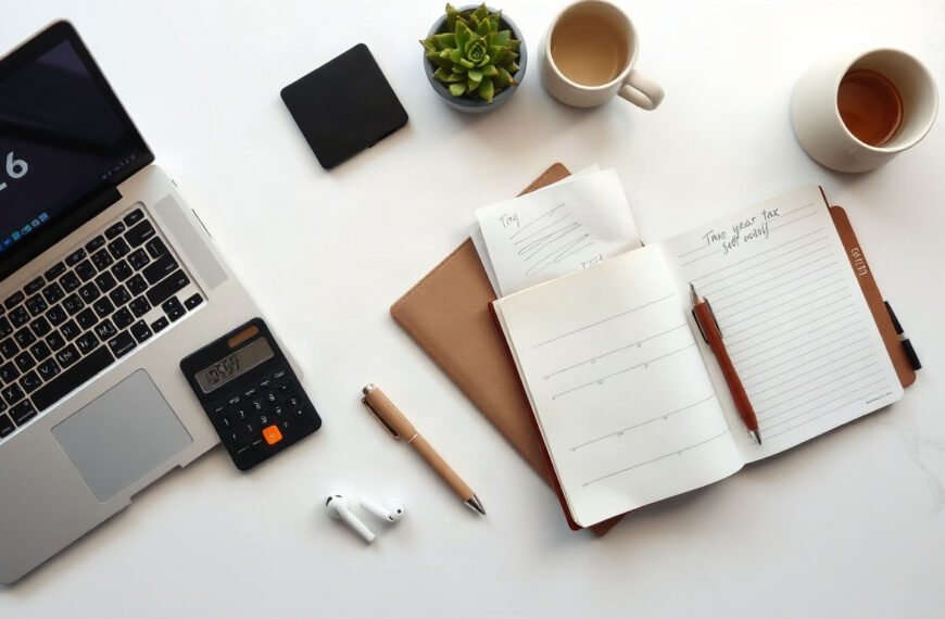 연말정산 - flat lay of receipts, calculator and calendar on white desk, year end tax settlement preparation concept